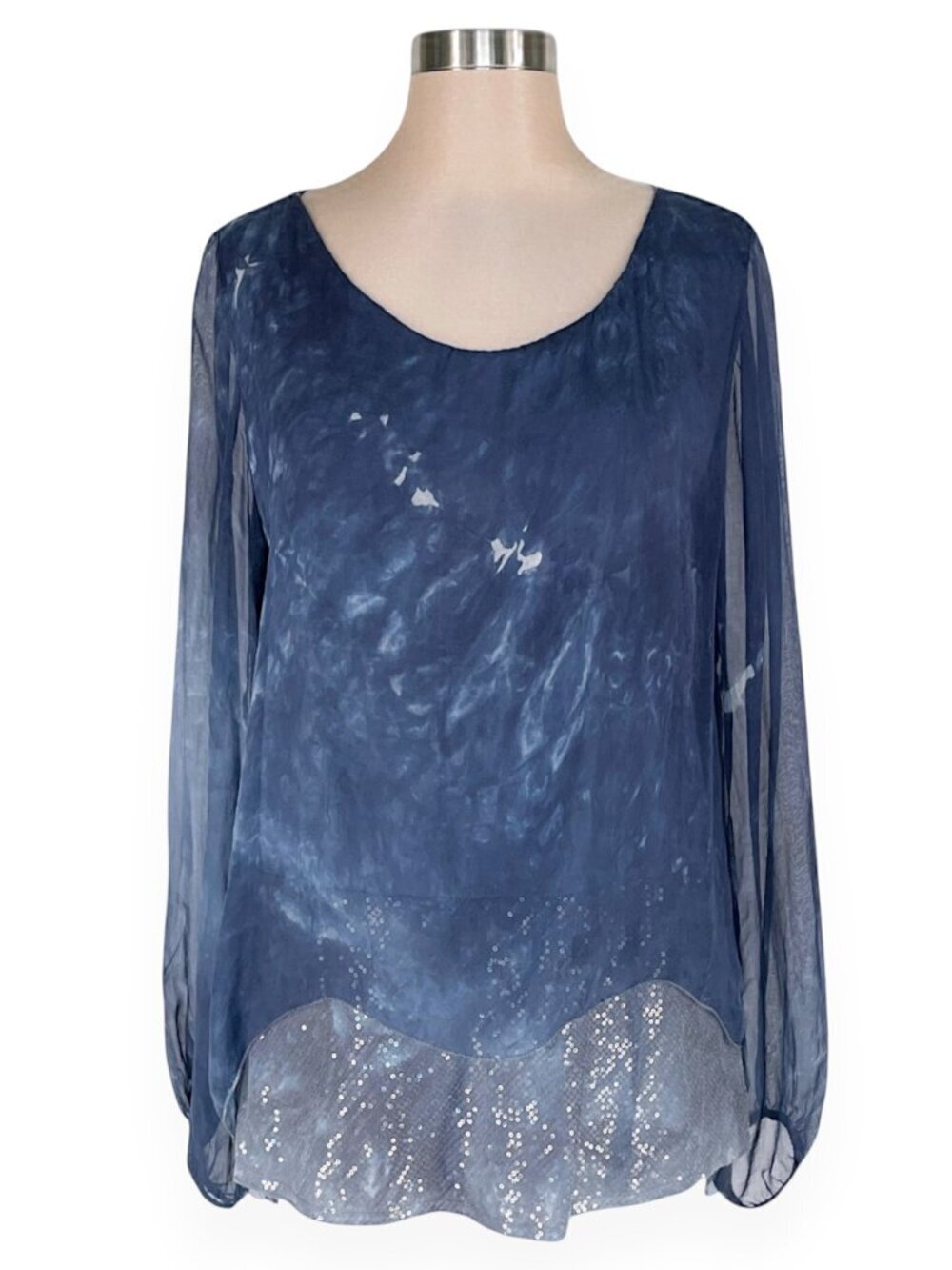 H Trend Italy Blue Gray Tie Dye Silk Sequin Layered Flowy Feminine Top Blouse M